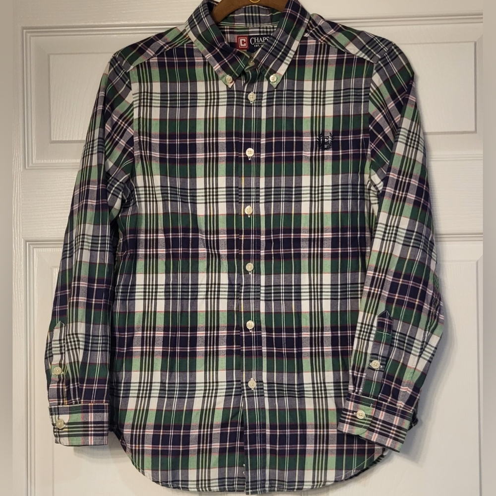 Boy's Chaps Green Plaid Button Down Shirt Size Large 14/16